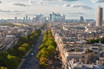 skyline of Paris city towards La Defense district from above, France