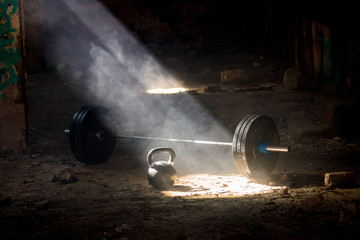 Cross Fit workout equipment in abandoned factory