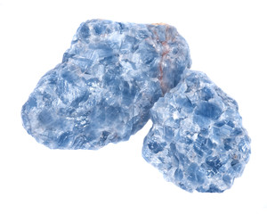Raw blue calcite clusters isolated on white background