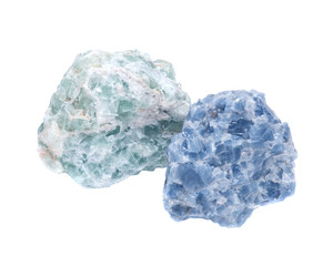 Fototapeta premium Raw Blue Calcite and Green Apophyllite Clusters in matrix isolated on white background