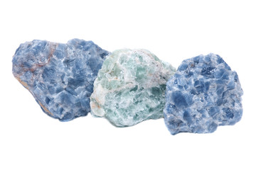 Raw Blue Calcite  and Green Apophyllite Clusters in matrix isolated on white background