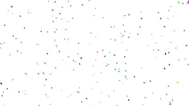 Confetti colored appearing everywhere then flying away and vanishing, over white background 
