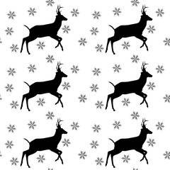 winter seamless pattern with reindeer and snowflakes on black background