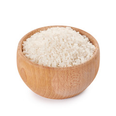 raw Jasmine rice in wooden pot isolated on white background