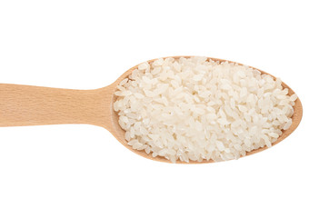 Fototapeta na wymiar raw Jasmine rice in wooden spoon isolated on white background