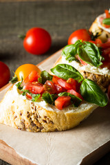Tomato and cheese fresh made bruschetta. Italian tapas, antipasti with vegetables, herbs and oil on grilled ciabatta and baguette bread.