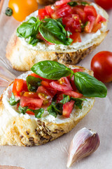 Tomato and cheese fresh made bruschetta. Italian tapas, antipasti with vegetables, herbs and oil on grilled ciabatta and baguette bread.