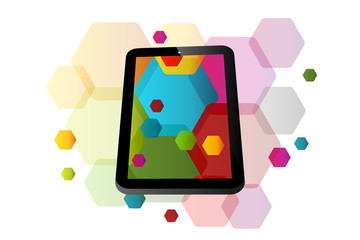 Tablet concept with tablet symbol over colorful abstract hexagon shapes 
