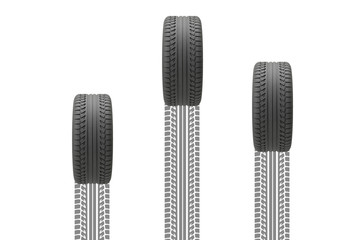 Three tyres with treadmarks