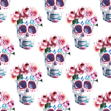 Beautiful lovely graphic artistic abstract bright cute halloween stylish floral skull with roses wreath watercolor hand sketch. Perfect for textile, wallpapers, wrapping paper, cards, invitations