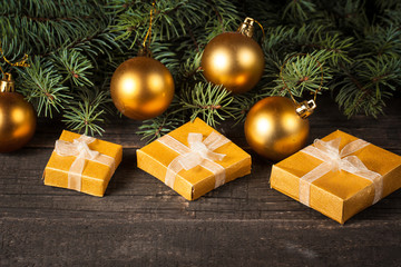 Luxury New Year gifts, different present boxes under Christmas tree in holiday eve, Christmastime celebration, home decorated with festive shiny balls, magic night