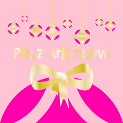 Christmas card decorated with colored balls and golden bow with on pink background. 