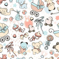 Vector seamless pattern with vintage toys. Cute kids illustration. Children card with little textile teddy bears.