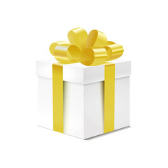 Gift box with yelloy ribbon isolated on transparent background. Vector illustration.