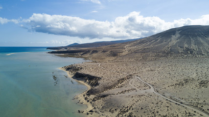 aerial view of deserted beach, lagoon sotavento , fuerteventura, canary islands