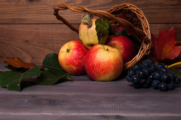 juicy apples in a basket on an autumnal wooden table with grapes