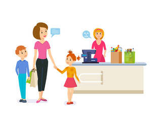 Family walking around store and takes fresh food.