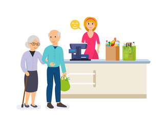 Store shopping. Family walking around store and takes fresh food.