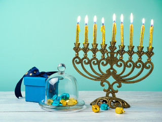 Hanukkah celebration with menorah