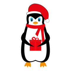 Cartoon New Year holiday penguin with a gift