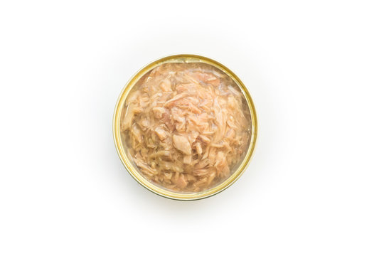 Canned tuna isolated, open tuna tin on a white background, Canned soy, Tuna packed in water
