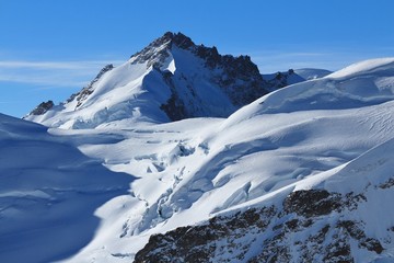 Mount Gletscherhorn and glacier with crevasses. View from Jungfraujoch, Switzerland.