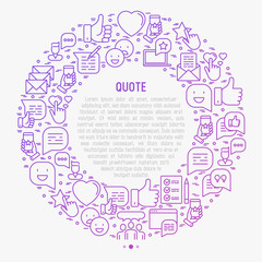 Testimonials and quote concept in circle with thin line icons of review, feedback, survey, comment. Vector illustration for banner, web page, print media.