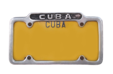 Yellow vintage vehicle registration plate on Cuba. Yellow license plate on white background,...
