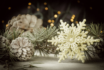 Christmas card decoration with fir branches and decoration elements , selective focus