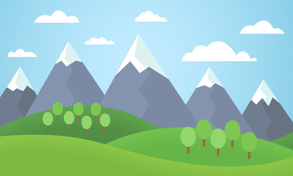 Vector illustration of a mountain landscape with trees and grass with mountain peaks covered with snow under a blue sky - flat design