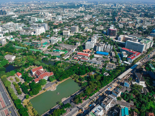 Top aerial view photo from drone of a developed Bangkok city with modern skyscrapers