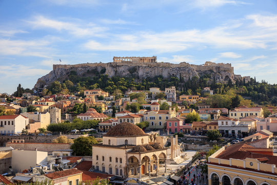 Athens, Greece. Acropolis rock and Monastiraki square