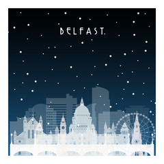Winter night in Belfast. Night city in flat style for banner, poster, illustration, game, background. - obrazy, fototapety, plakaty