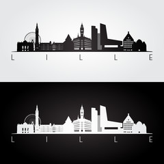 Fototapeta premium Lille skyline and landmarks silhouette, black and white design, vector illustration.