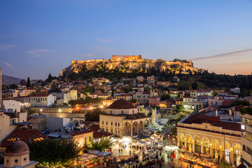 Athens, Greece. Acropolis rock and Monastiraki square