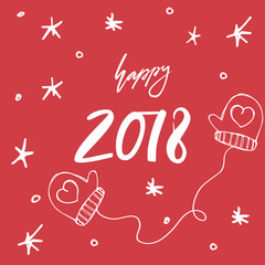 Happy 2018. Hand drawn lettering greeting card with calligraphy on christmas background. Vector illustration. Calligraphy for design cards, overlays, scrapbooks. Vector calligraphy sign