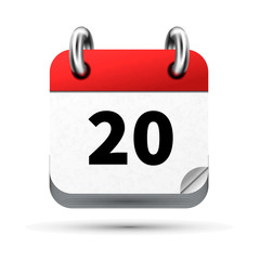 Bright realistic icon of calendar with 20th date isolated on white