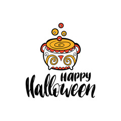 Pot vector illustration with Happy Halloween lettering for party invitation card, poster. All Saints Eve background.