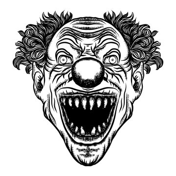 Scary cartoon clown illustration. Horror movie zombie clown face character. Vector.