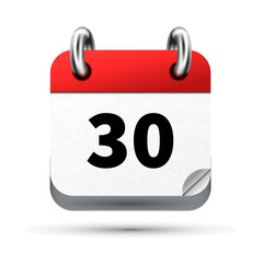 Bright realistic icon of calendar with 30th date isolated on white