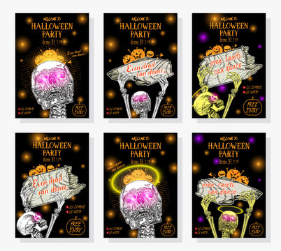 Set of Halloween holidays hand drawn invitation poster or greeting card with handwritten words and phrases calligraphy greetings. Even dead can dance. Vector.