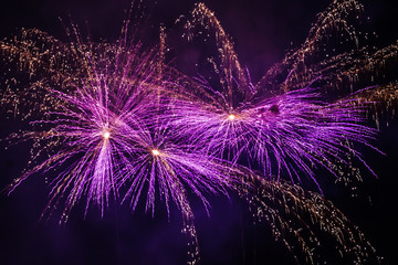 Colorful fireworks of traditional Santa Augusta celebration, Vittorio Veneto, Italy