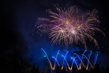 Colorful fireworks of traditional Santa Augusta celebration, Vittorio Veneto, Italy