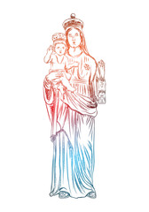 Set of Virgin  Mary or Saint Mary or Mother of God with baby Jesus Christ in her hands. Birth of Jesus. Hand drawn illustration. Blackwork adult flesh tattoo. Christmas holiday template. Vector.