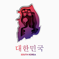 3d abstract paper cut illlustration of South Korea map and famous buildings. Vector travel template in carving art style