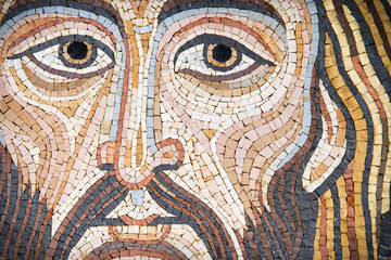 Jesus Christ in a modern mosaic made with ancient techniques. The mosaic has been made by a...