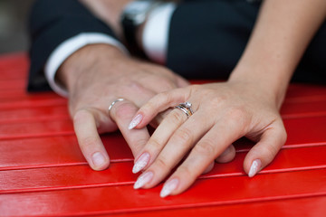 Close-up of the hands of the bride and groom