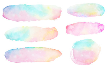 Watercolor hand painted abstract multicolor brush strokes with stains. Beautiful fairy backdrop for design.