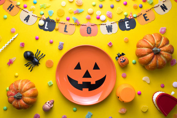 party colorful halloween with decor and candy top view