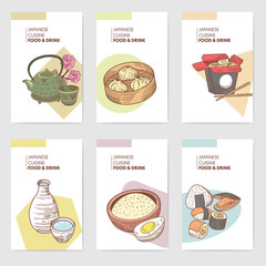 Japanese Food Hand Drawn Brochures Template. Japan Traditional Cuisine Banner, Poster Design. Sushi Bar Menu. Vector illustration